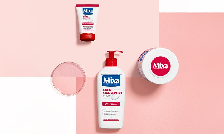 Abbildung eines Handbalsams, einer Bodylotion und einer Allzweckcreme von Mixa mit dem Inhaltsstoff Cica