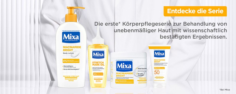 Produktabbildungen der kompletten Niacinamide Bright Pflegereihe Von Mixa