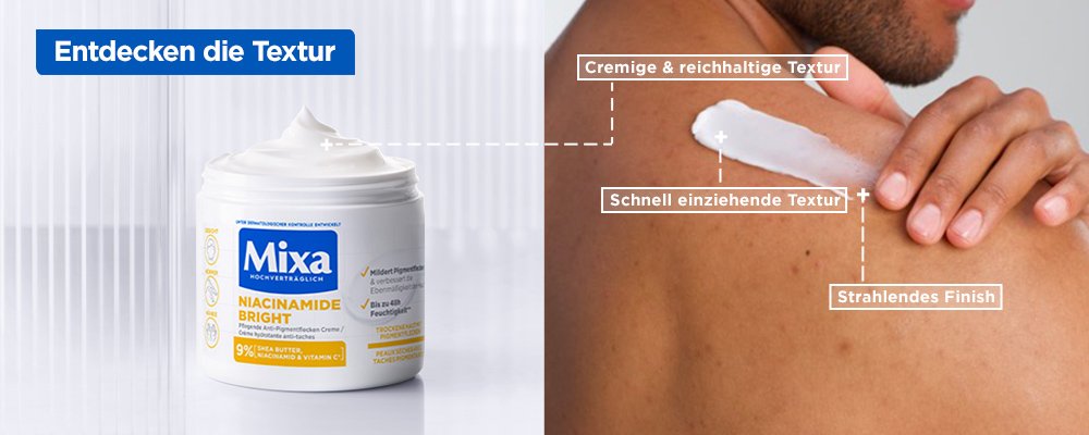 Ein Mann trägt die Niacinamide Bright Pflegende Anti-Pigmentflecken Creme auf seine Schulter auf & Produktabbildung links daneben