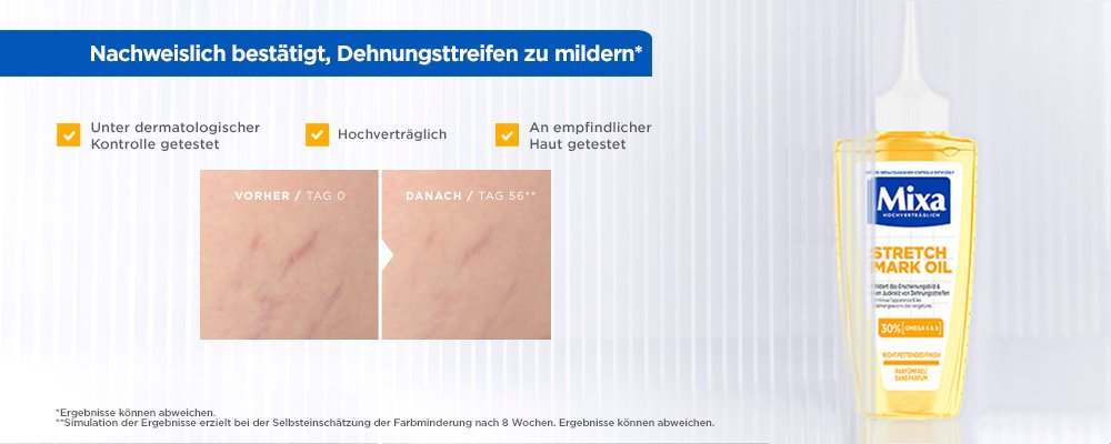Produktabbildung Stretch Mark Oil neben 3 Produktvorteilen & Text  - Wissenschaftlich bestätigt, Dehnungsstreifen zu mildern