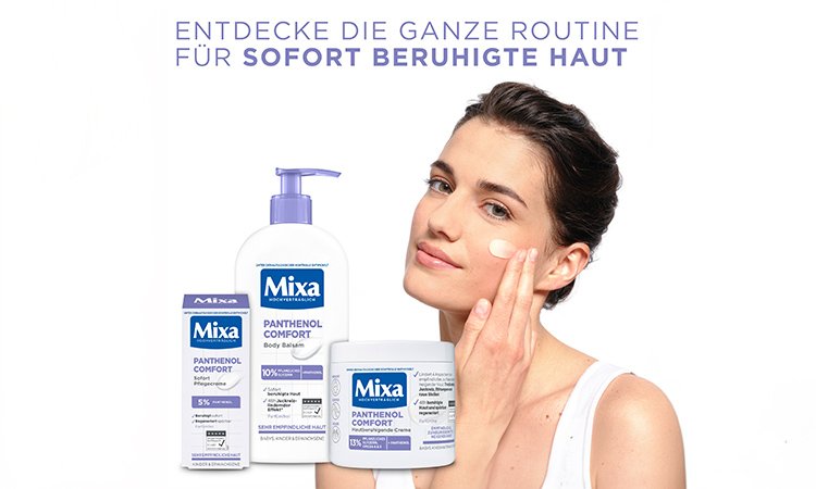 Eine junge Frau mit der MIXA Panthenol Comfort Produktreihe